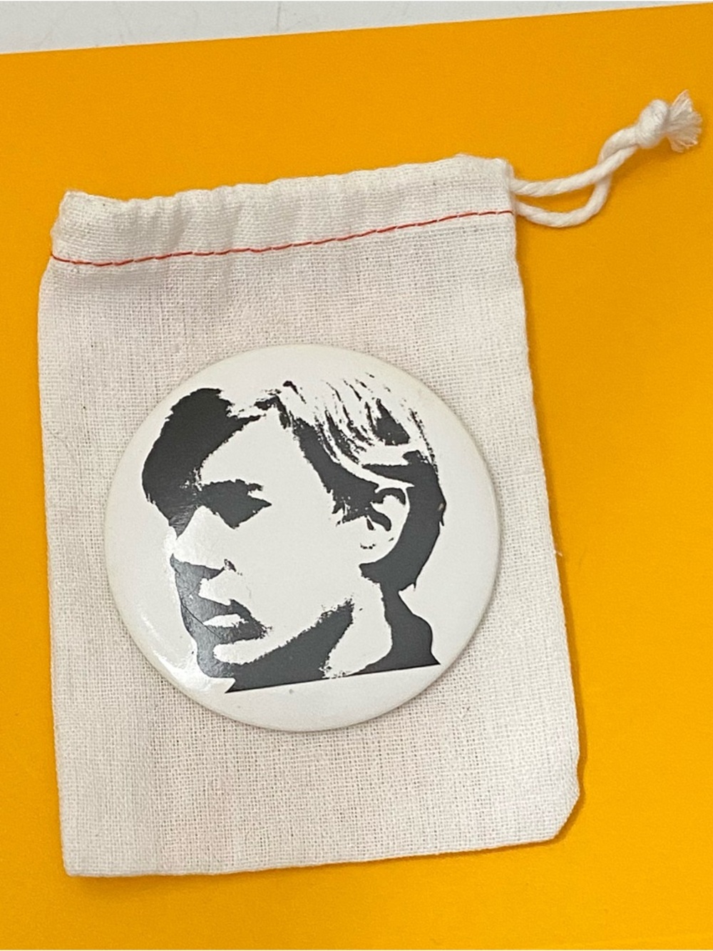 Vintage Andy Warhol black & white Pop Art pin back button